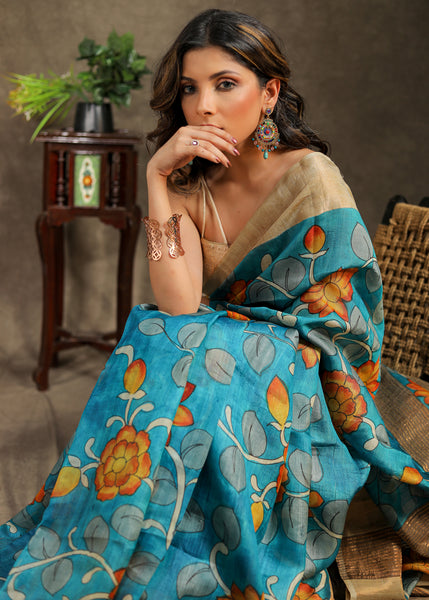 Stylish pure Tussar silk blue saree with Kalamkari design