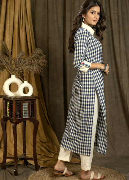 Smart Collared Cotton Checks Pattern Straight Cut Kurta