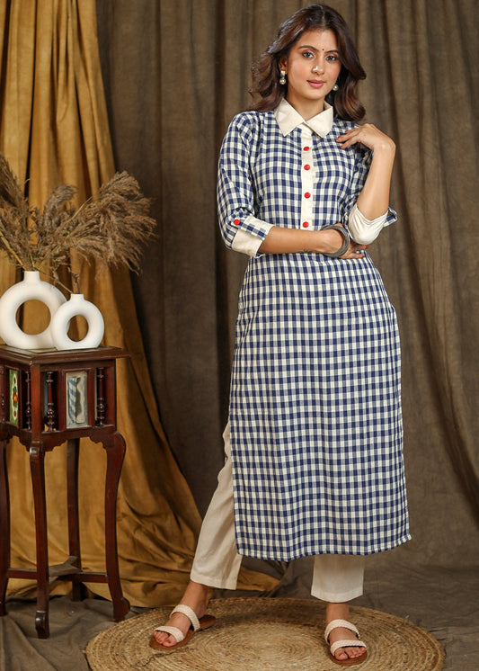 Smart Collared Cotton Checks Pattern Straight Cut Kurta