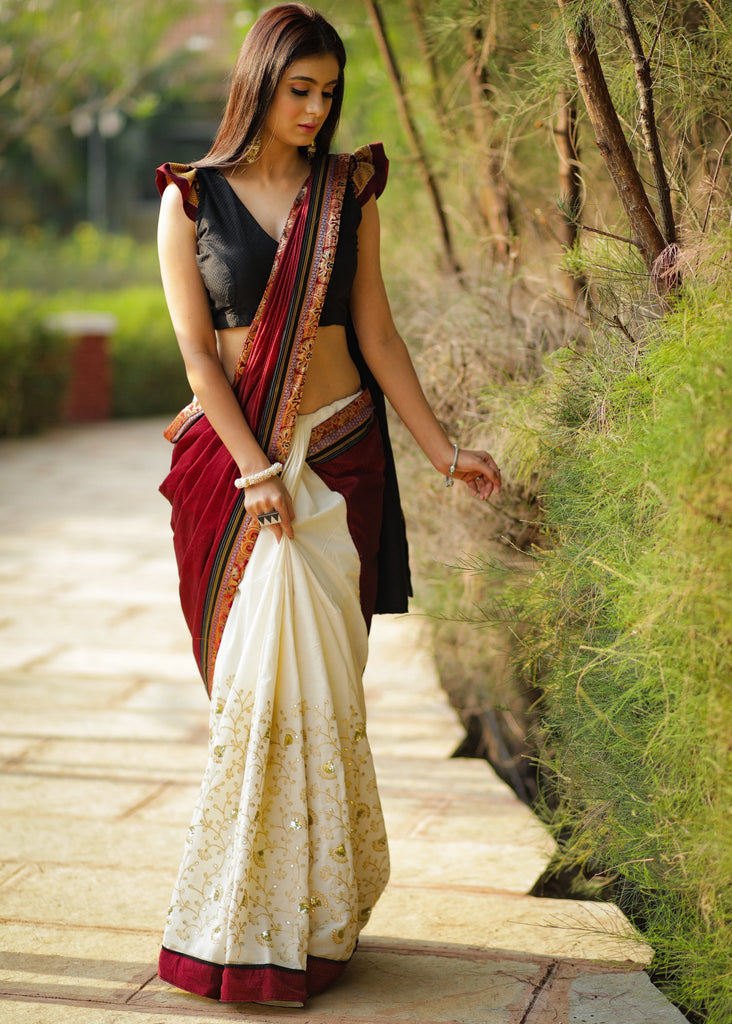 Gorgeous khun & golden embroidery combination saree with benarasi piping - black khun blouse piece