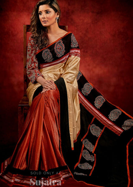 Exclusive Khun & tussar silk combination saree with Ajrakh block printed border