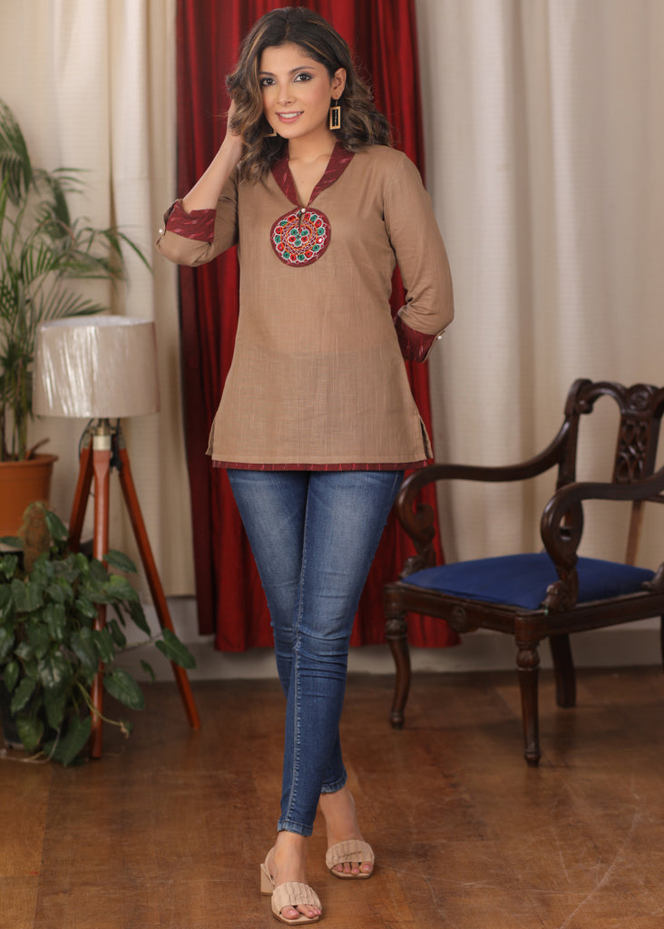 Exclusive cotton Top with round mirror work and Ikkat collar