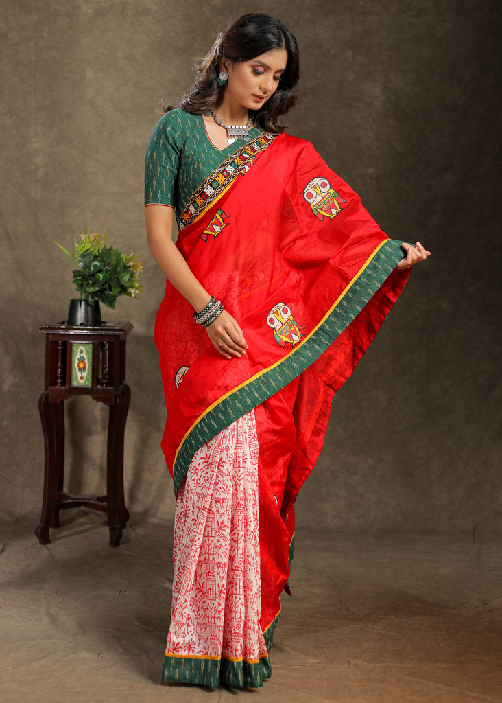 Red Chanderi block printed saree with Owl motif and mirror work border