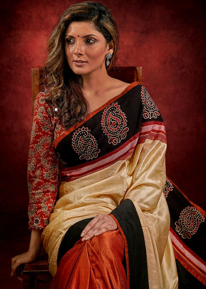 Exclusive Khun & tussar silk combination saree with Ajrakh block printed border