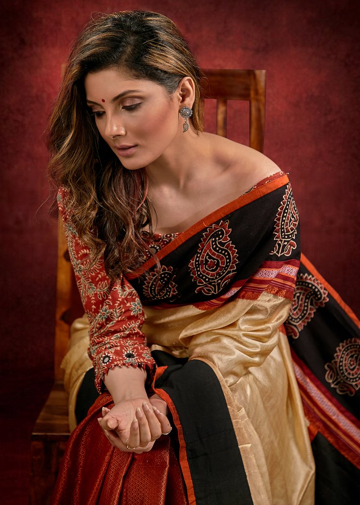 Exclusive Khun & tussar silk combination saree with Ajrakh block printed border
