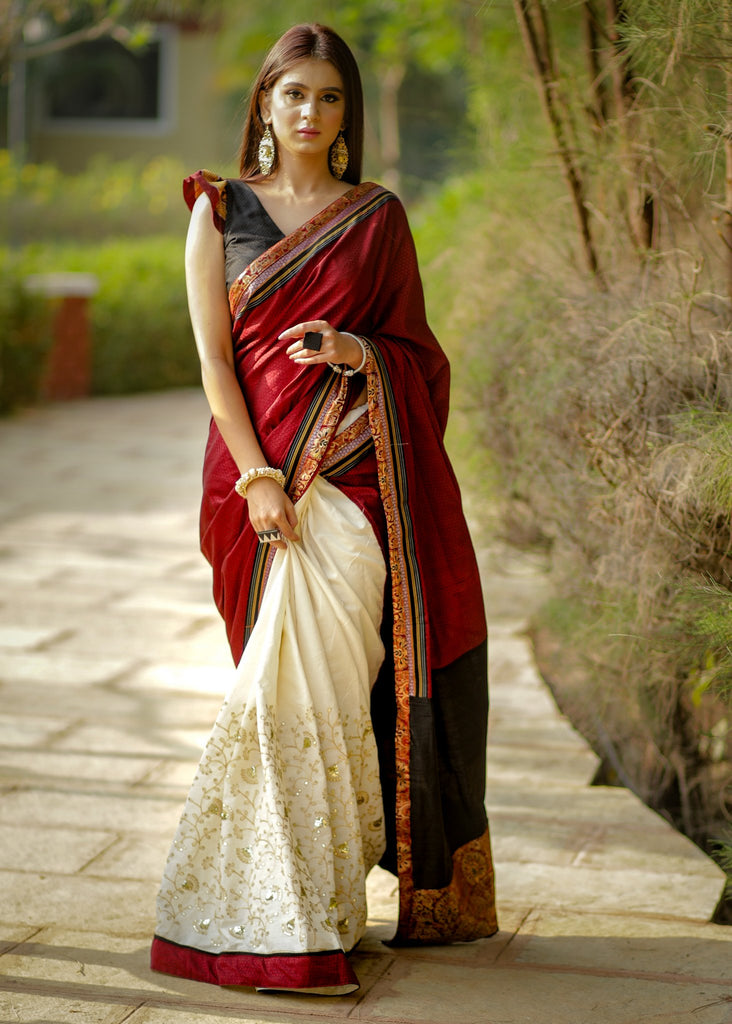 Gorgeous khun & golden embroidery combination saree with benarasi piping - black khun blouse piece