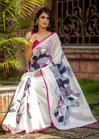 White chanderi saree with exclusive abstract hand painted motifs