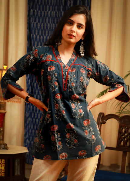 Indigo blue block printed natural color Ajrakh casual top