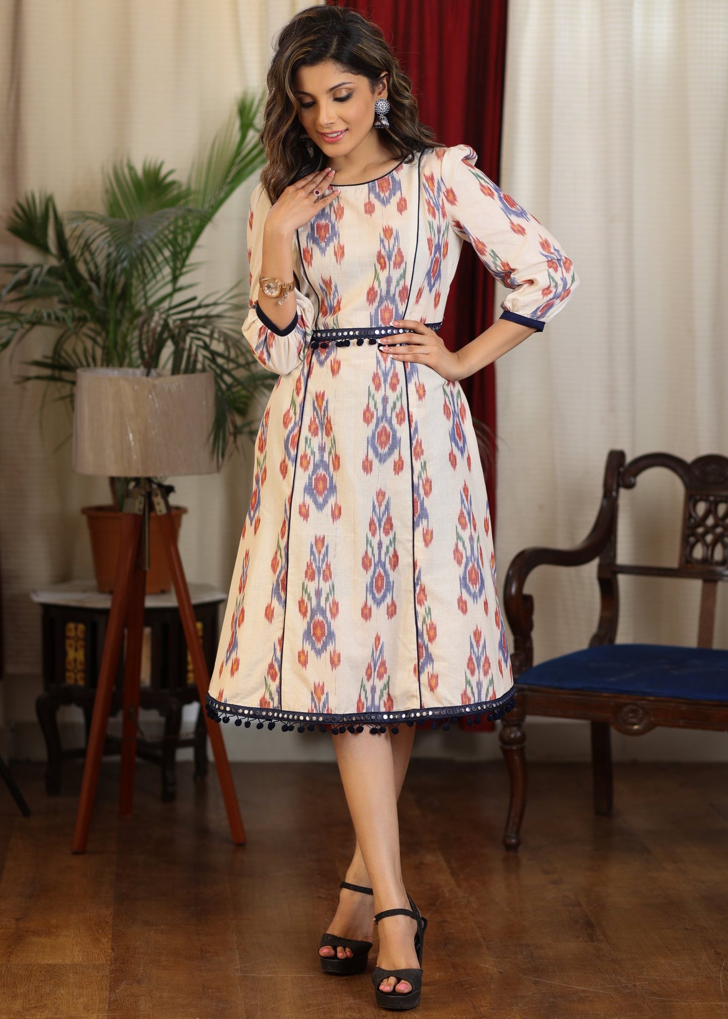 Ivory multicolor A Line dress with pompom and mirror lace