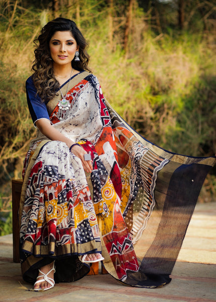Exclusive hand batik pure chanderi saree with abstract designs