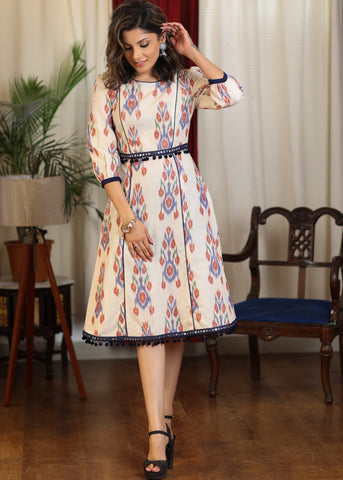 Ivory multicolor A Line dress with pompom and mirror lace