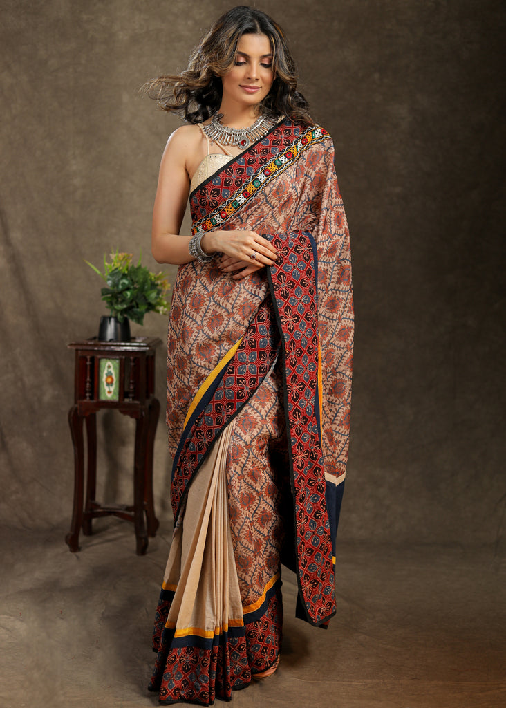 Exclusive beige Cotton saree with Ajrakh, mirror work border and Chanderi printed Pallu