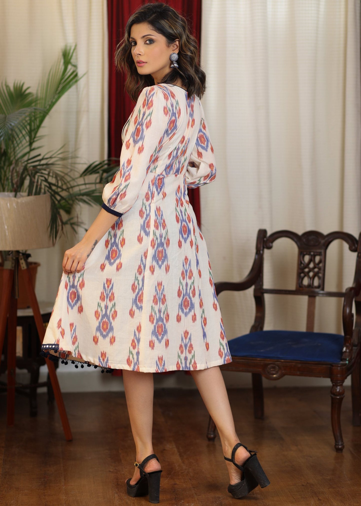 Ivory multicolor A Line dress with pompom and mirror lace