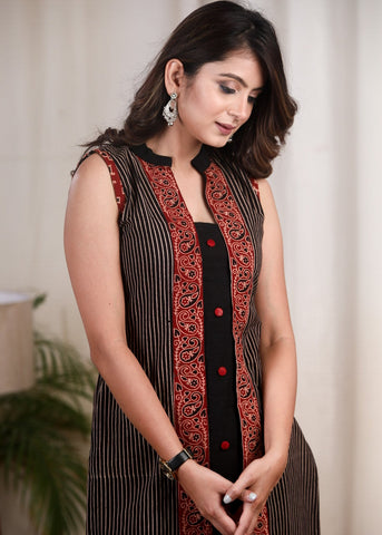 Exclusive striped Ajrakh sleeveless cotton tunicl