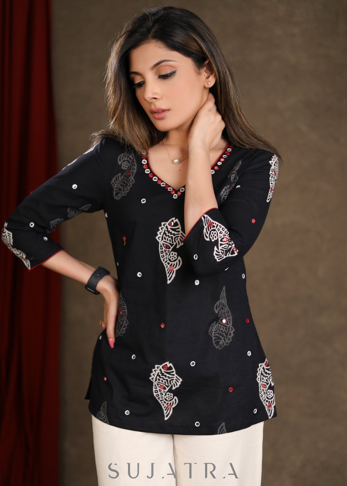 Dussehra Sale — Graceful Black Cotton Printed Top with Mirrorwork Detailing