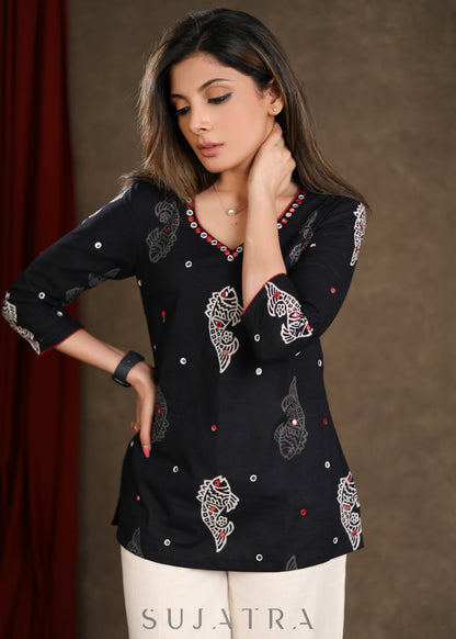 Graceful Black Cotton Printed Top with Mirrorwork Detailing