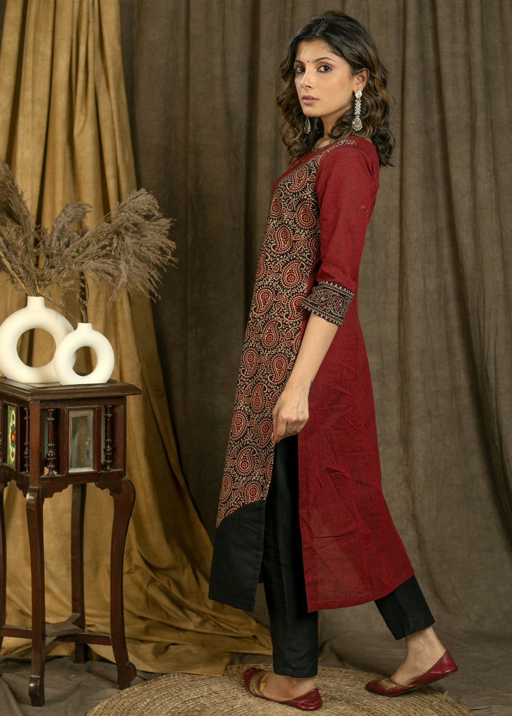 Straight Cut Cotton and Ajrakh Combination Kurta with Beautiful Sequence Work - Pant Optional