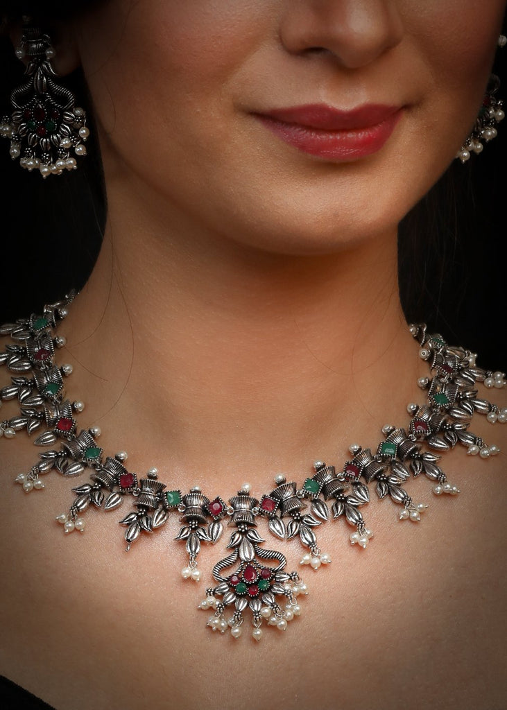 German Silver Oxidised necklace with pearl tassels & earrings