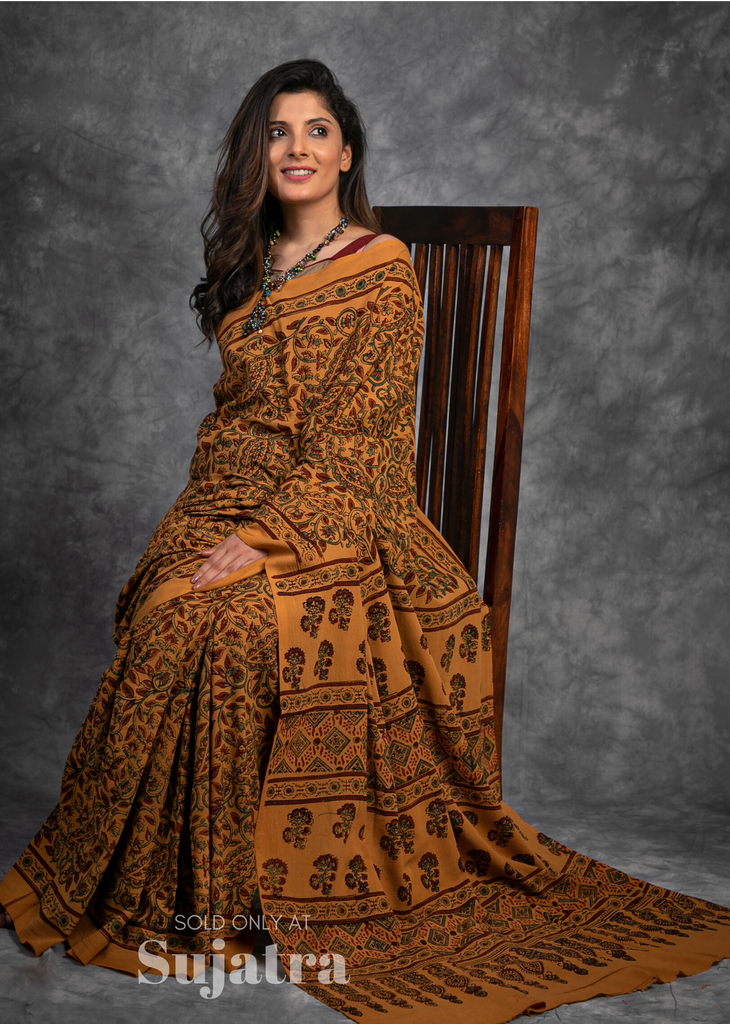 Block printed Ajrakh handloom cotton saree