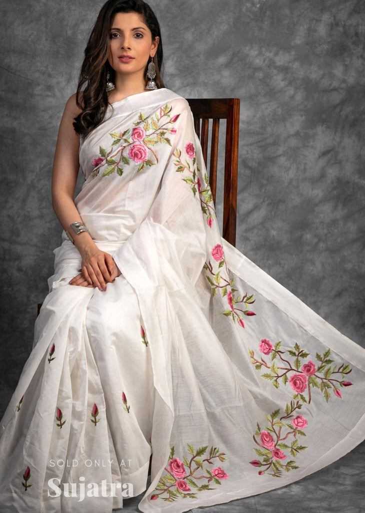 Exclusive embroidered White chanderi saree