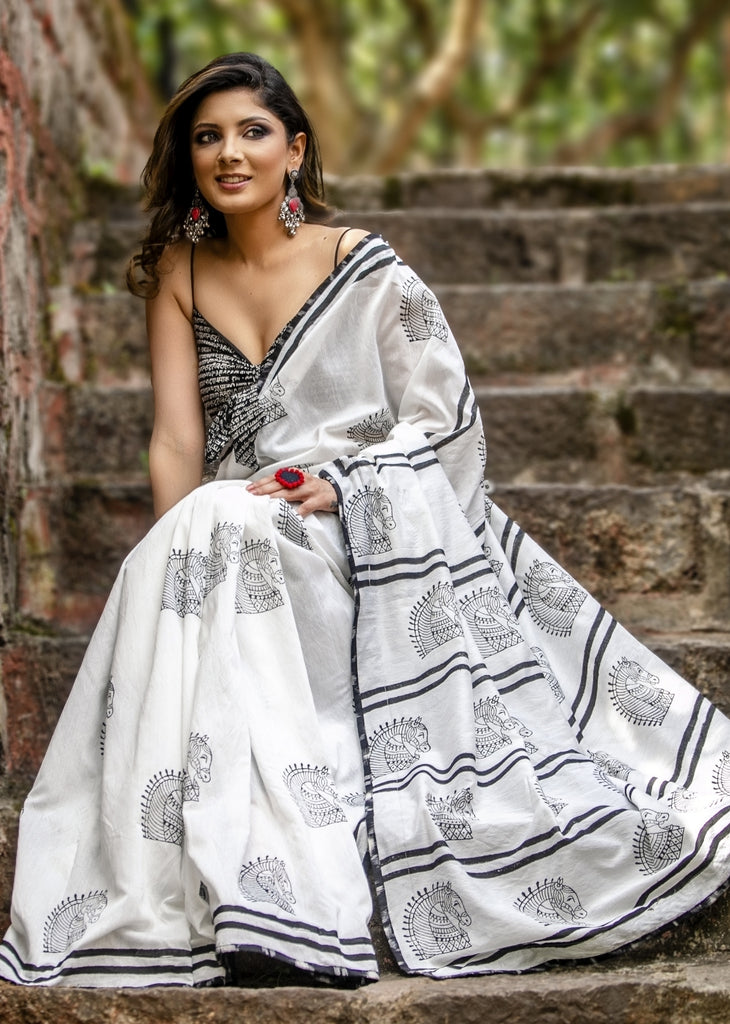 Exclusive White chanderi block printed saree with ikat piping