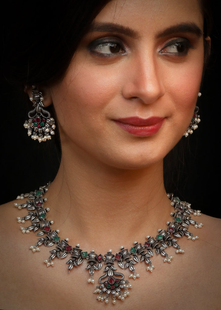 German Silver Oxidised necklace with pearl tassels & earrings