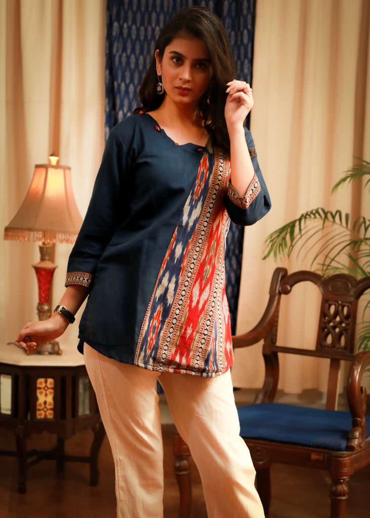 Navy blue pure cotton & Ikat combination casual top