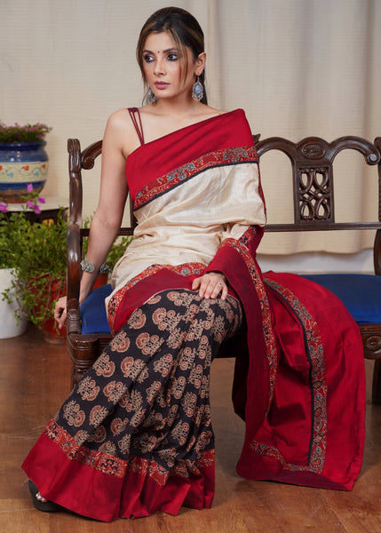 Beige Tussar silk saree with maroon cotton silk and Ajrakh combination border
