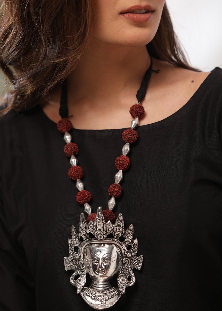 German silver goddess pendant with silver moti and rudraksh - Sujatra