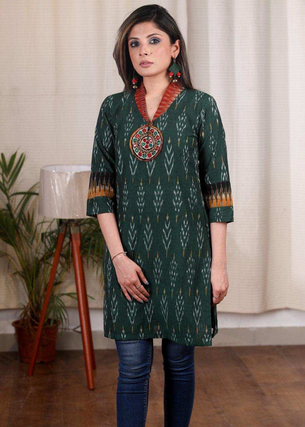 Dussehra Sale — Exclusive green ikat tunic with Kutch embroidered mirror work