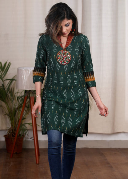 Dussehra Sale — Exclusive green ikat tunic with Kutch embroidered mirror work