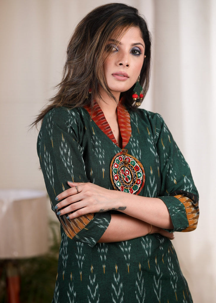 Exclusive green ikat tunic with Kutch embroidered mirror work
