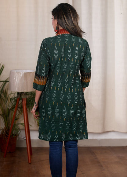 Dussehra Sale — Exclusive green ikat tunic with Kutch embroidered mirror work