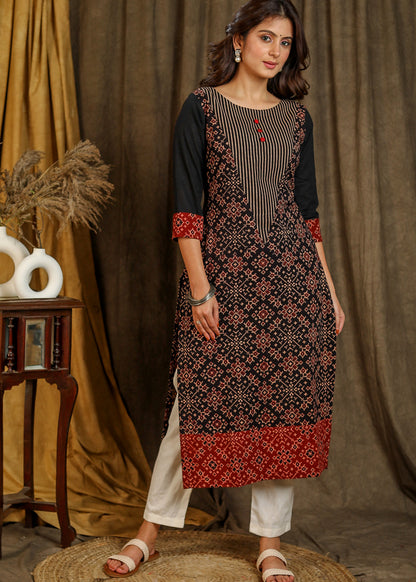 Trendy Geometry Print Cotton Ajrakh Combination Straight Cut Kurta - Pant Optional
