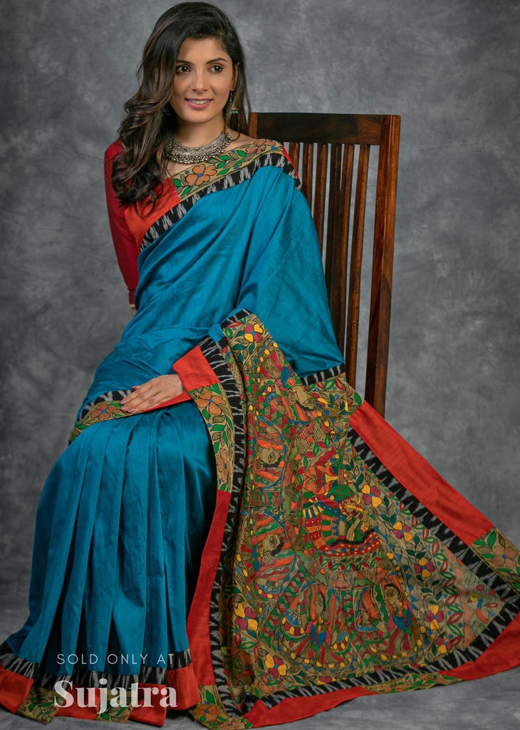 Blue cotton silk saree with hand painted madhubani pallu