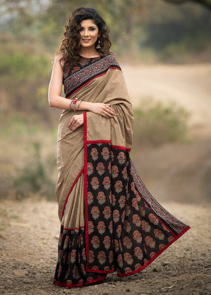 Beige handloom cotton block printed Ajrakh designer saree