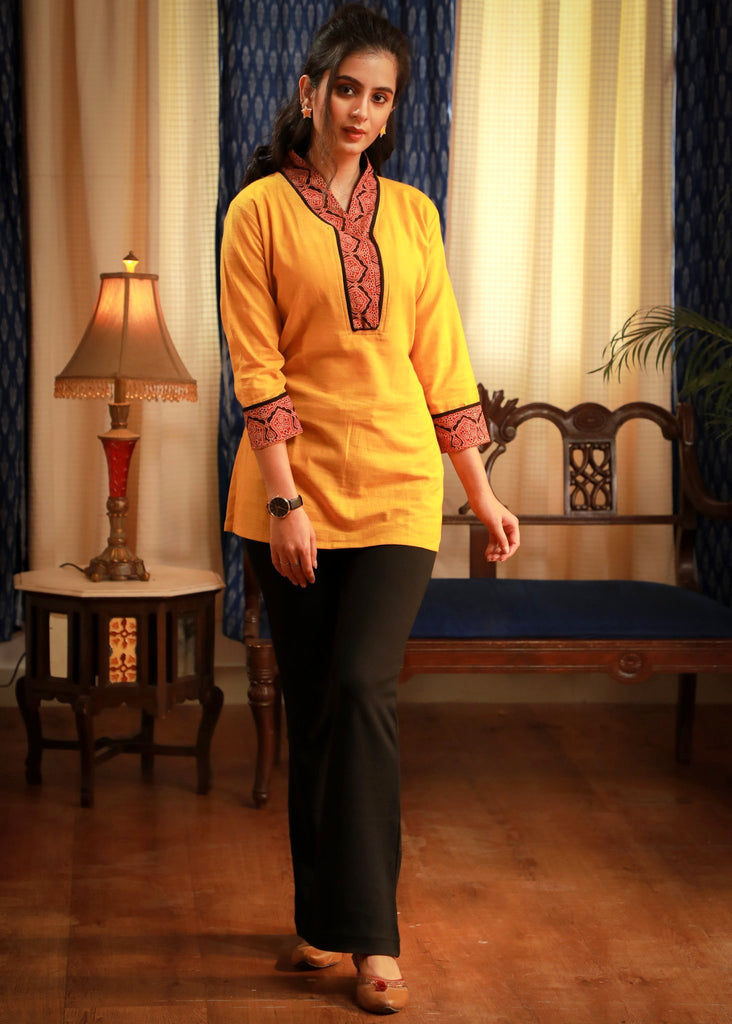 Mustard V-High collar cotton top with Ajrakh block printed lapel - Indian / Western