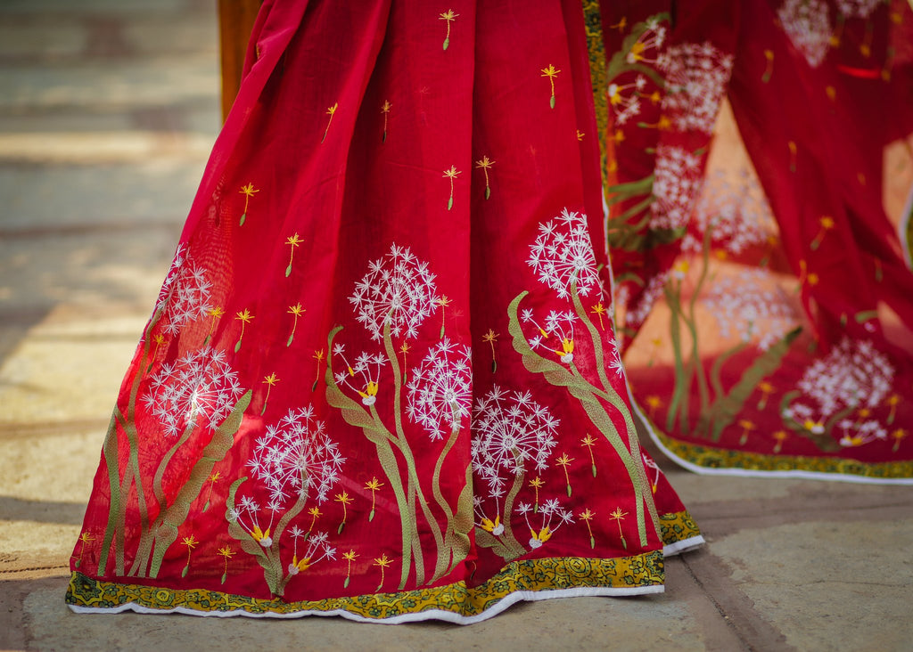 Red chanderi saree with exclusive all over floral embroidery