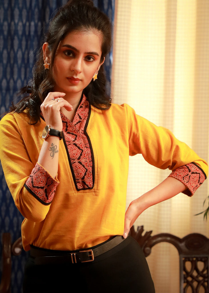 Mustard V-High collar cotton top with Ajrakh block printed lapel - Indian / Western