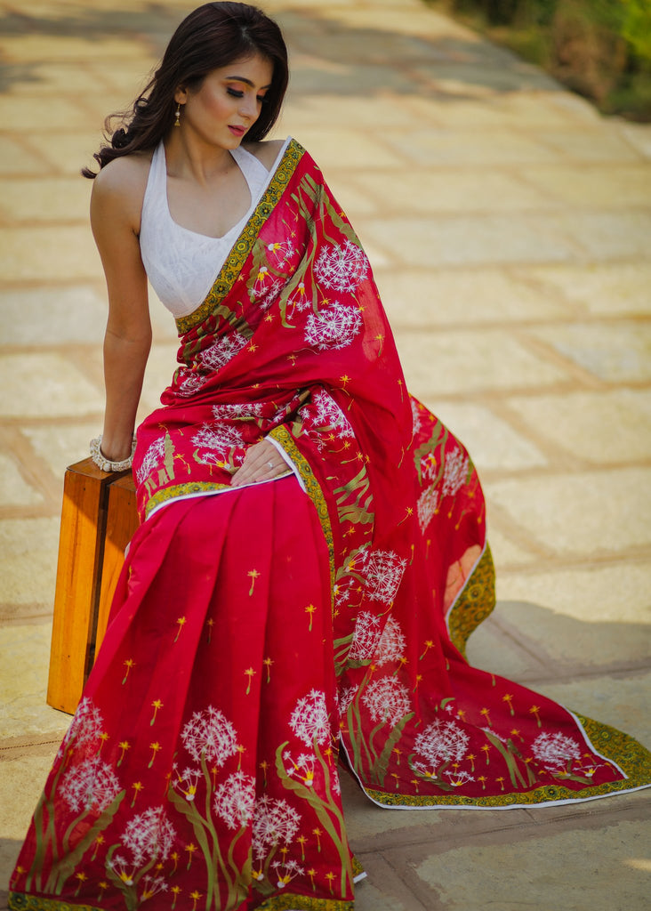 Red chanderi saree with exclusive all over floral embroidery