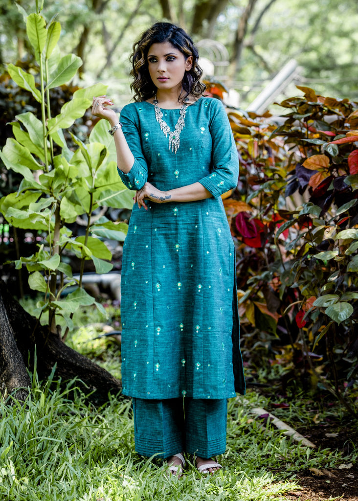Green handloom cotton princess cut kurti set with mirror work embriodery all over