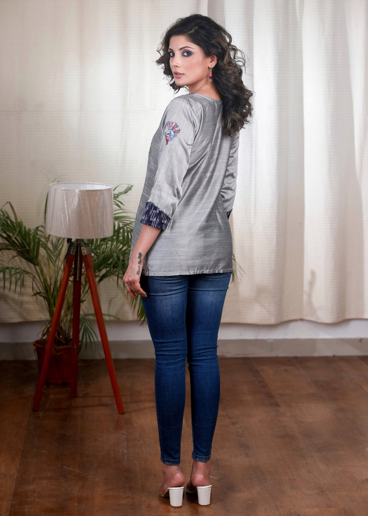 Gond Painted Grey Cotton Silk Top