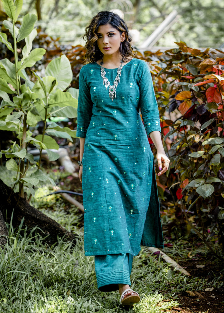 Green handloom cotton princess cut kurti set with mirror work embriodery all over