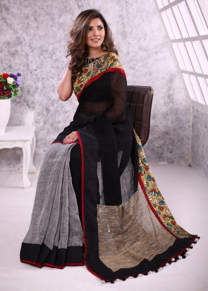 Pure linen saree with ghicha silk pallu & hanpainted kalmkari border - Sujatra