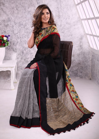 Pure linen saree with ghicha silk pallu & hanpainted kalmkari border