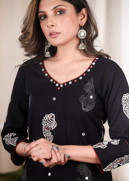 Exclusive printed & hand embroidered mirror work cotton tunic