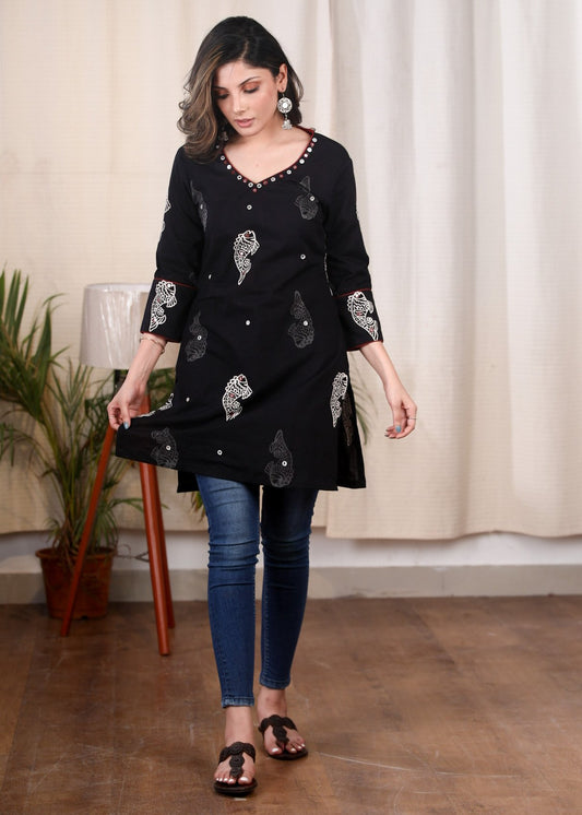Exclusive printed & hand embroidered mirror work cotton tunic