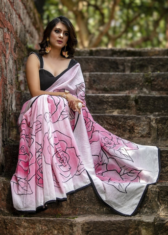 Exclusive hand painted saree with abstract rose motifs
