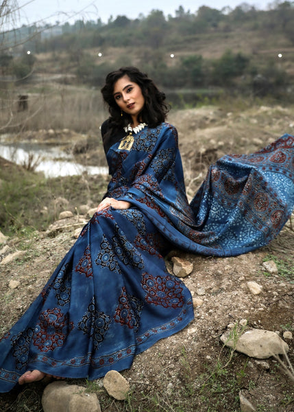 Exclusive pure modal silk block printed midnight blue Ajrakh saree