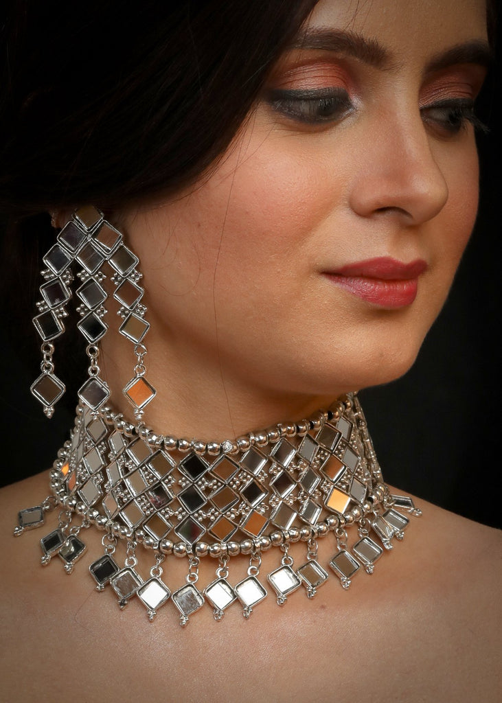 Mirror work oxidised choker style necklace with earrings